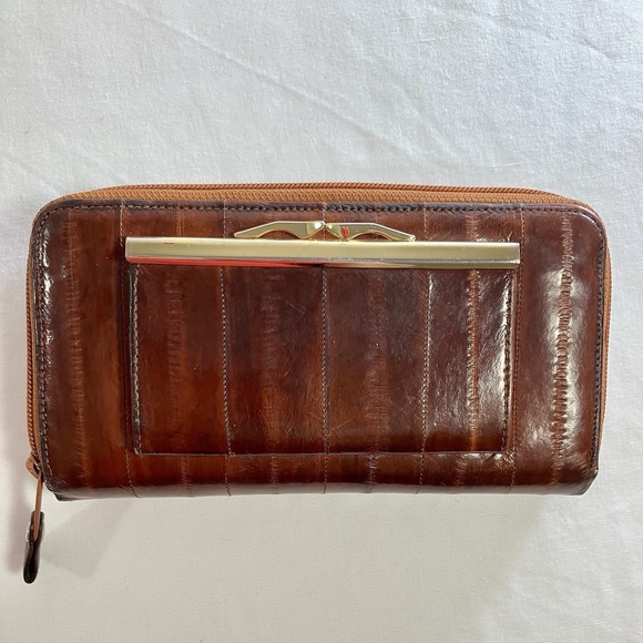 Genuine Eel Skin Wallet  Copper Zip Around Organizer coin purse Vintage snap - Picture 1 of 10